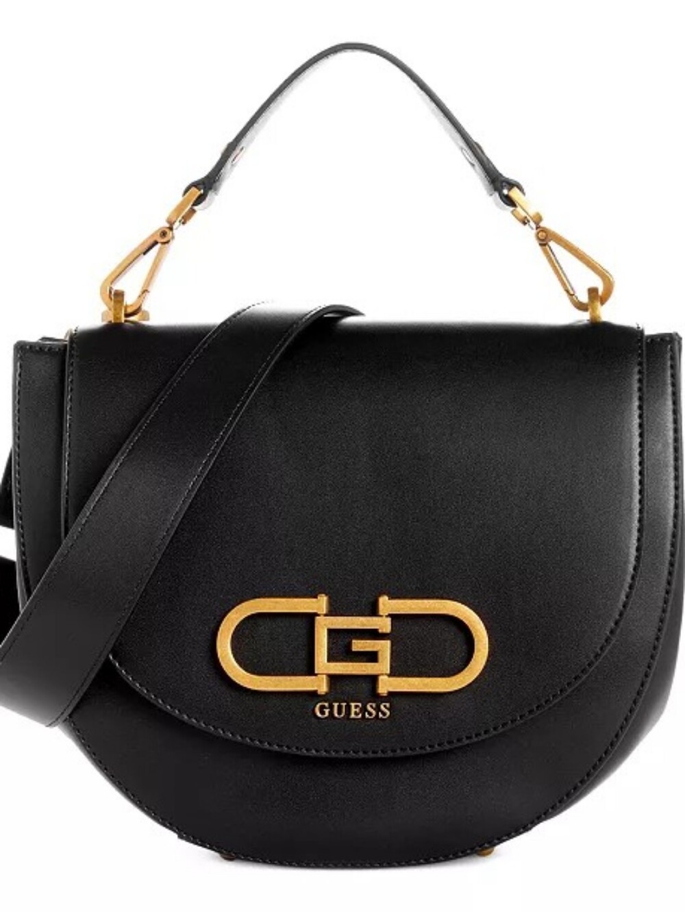 GUESS Fleet Black Saddle Crossbody Bag with Gold Logo Hardware